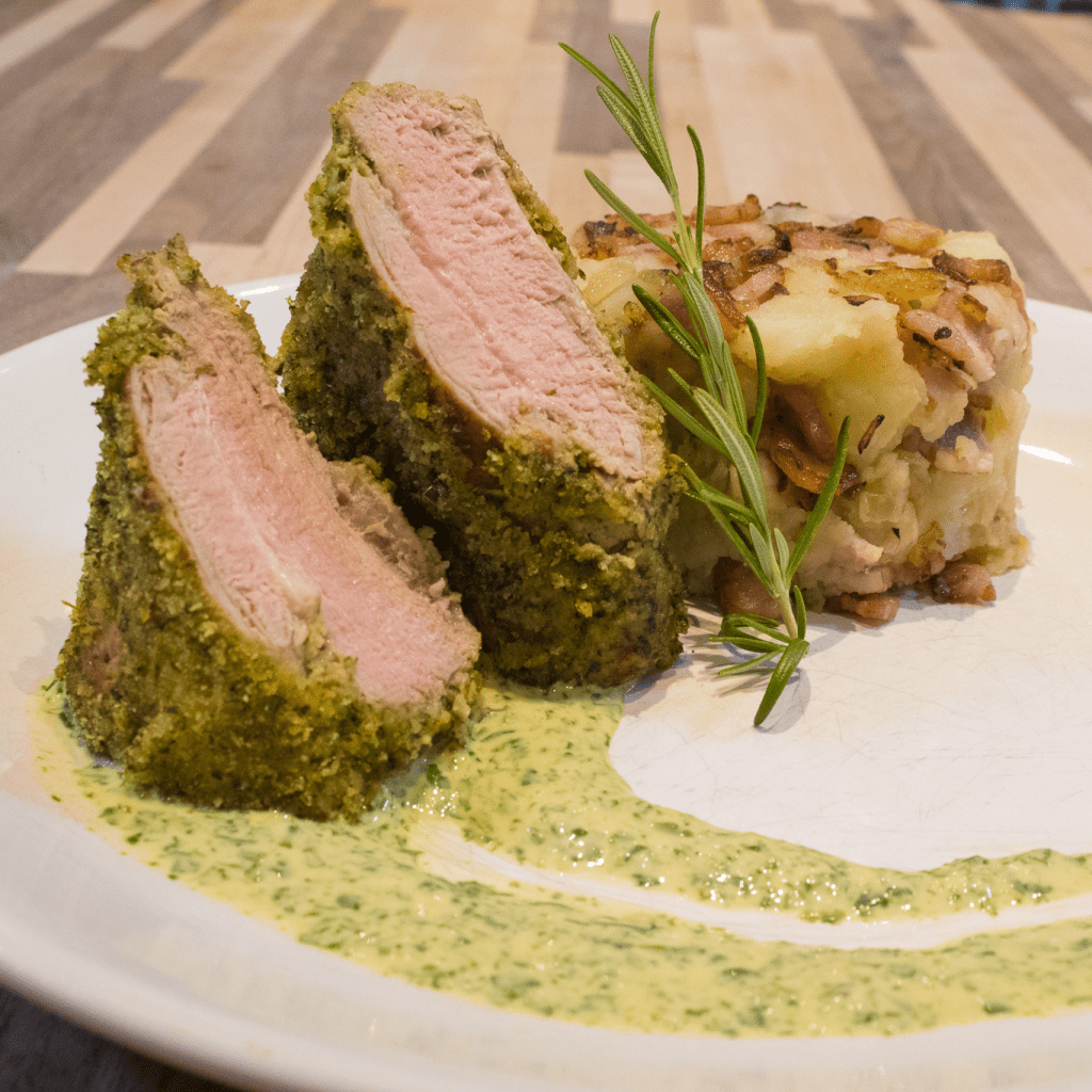 Herb-crusted Pork Tenderloin with Spinach Sauce